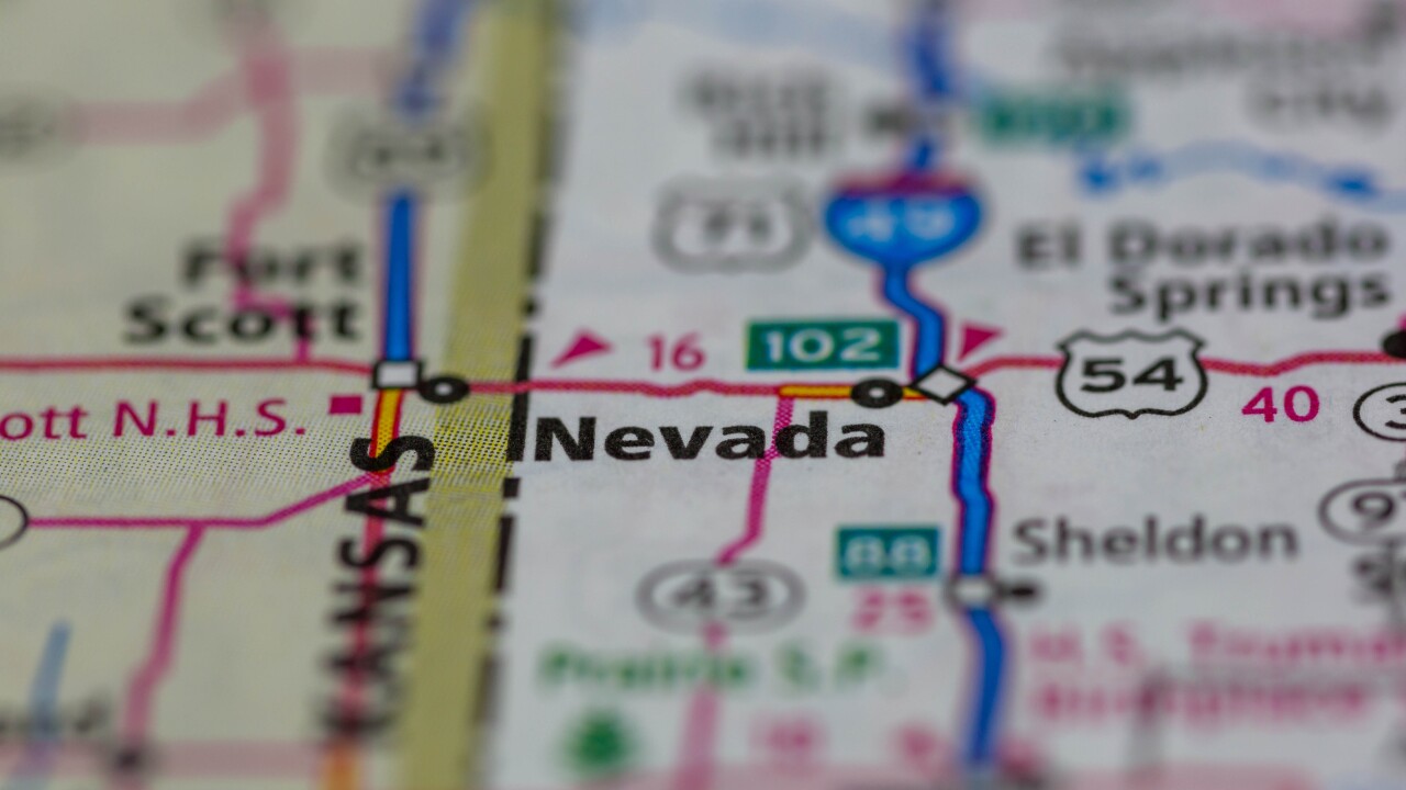 Map showing location of Nevada, Missouri