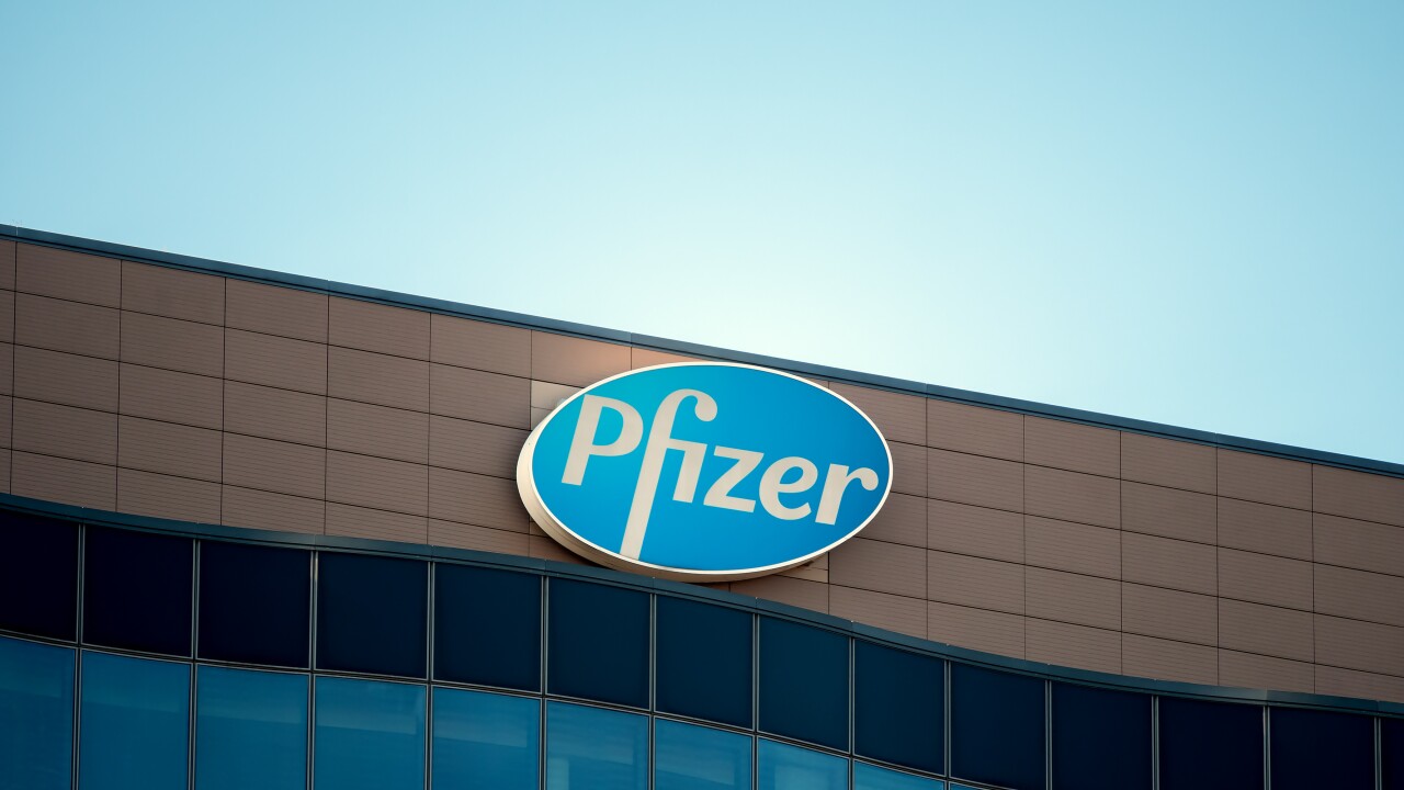 Logo of Pfizer at headquarters in Berlin.
