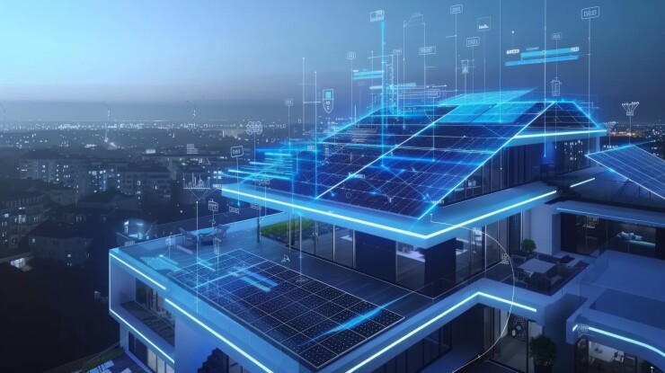 A roof with solar panels and an overlay of blue graphics