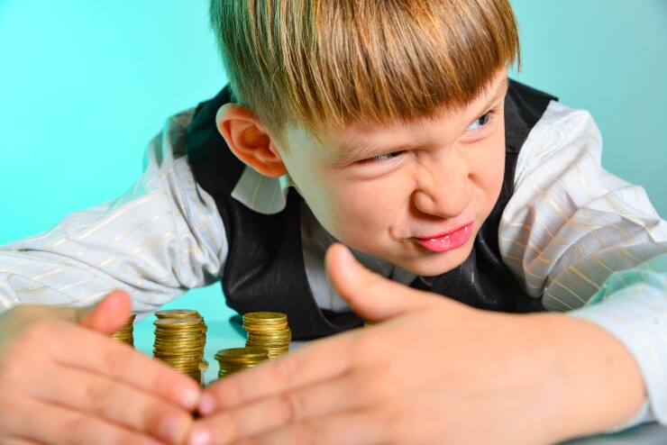 An angry and greedy little boy hides his cash savings. Trust fund monster