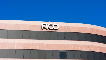 FICO logo sign on headquarters facade of Fair Isaac Corporation FICO in Silicon Valley. FICO is a data analytics company focused on credit scoring services. - San Jose, California, USA - 2021