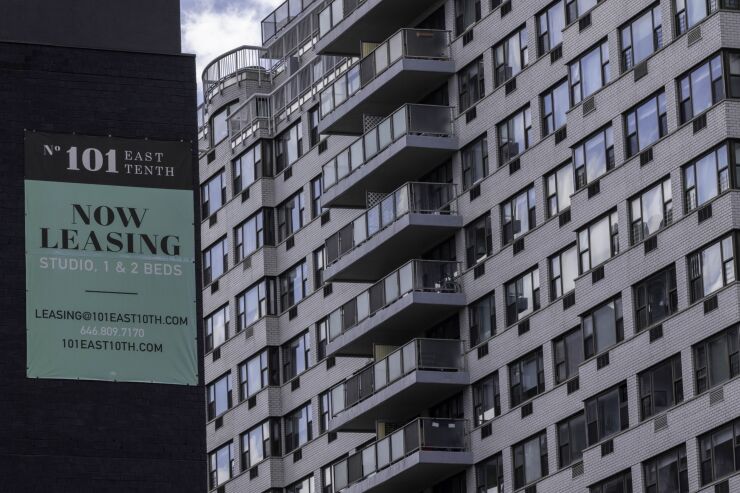 A "Now Leasing" sign is seen in the city's East Village neighborhood.