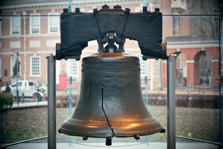 The Liberty Bell outside Independence Hall in Philadelphia