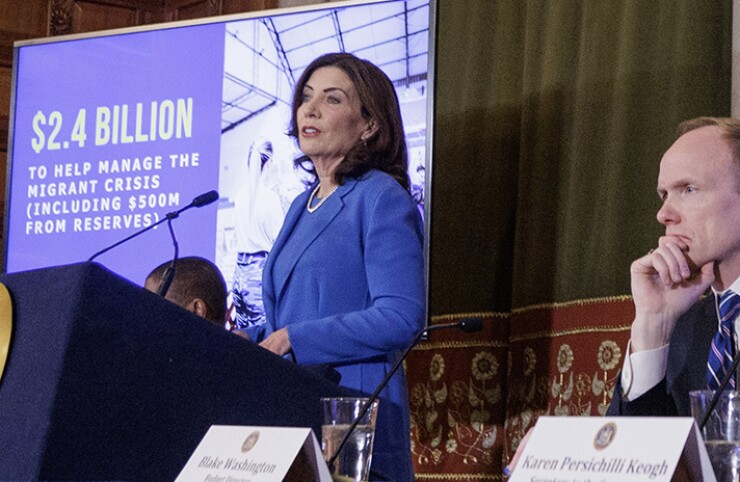N.Y. Gov. Kathy Hochul presents the fiscal 2025 executive budget in the Red Room at the State Capitol in Albany Tuesday.