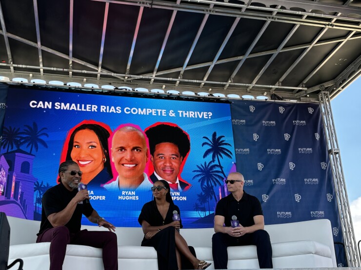 From left to right, Kevin Thompson of 9I Capital Group, Chelsea Ransom-Cooper of Zenith Wealth Partners and Ryan Hughes of Bull Oak spoke in a panel at this week’s Future Proof conference in Huntington Beach, California.