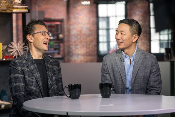 Sasan Goodarzi, left, and Kenneth Lin, co-founder and CEO of Credit Karma, during a Bloomberg Television interview in San Francisco