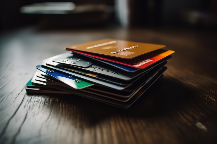 Stack of credit cards on a table