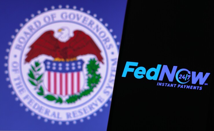 March 17, 2023, Brazil. In this photo illustration the FedNow Service (Instant Payments) logo seen displayed on a smartphone and Federal Reserve System of the United States.