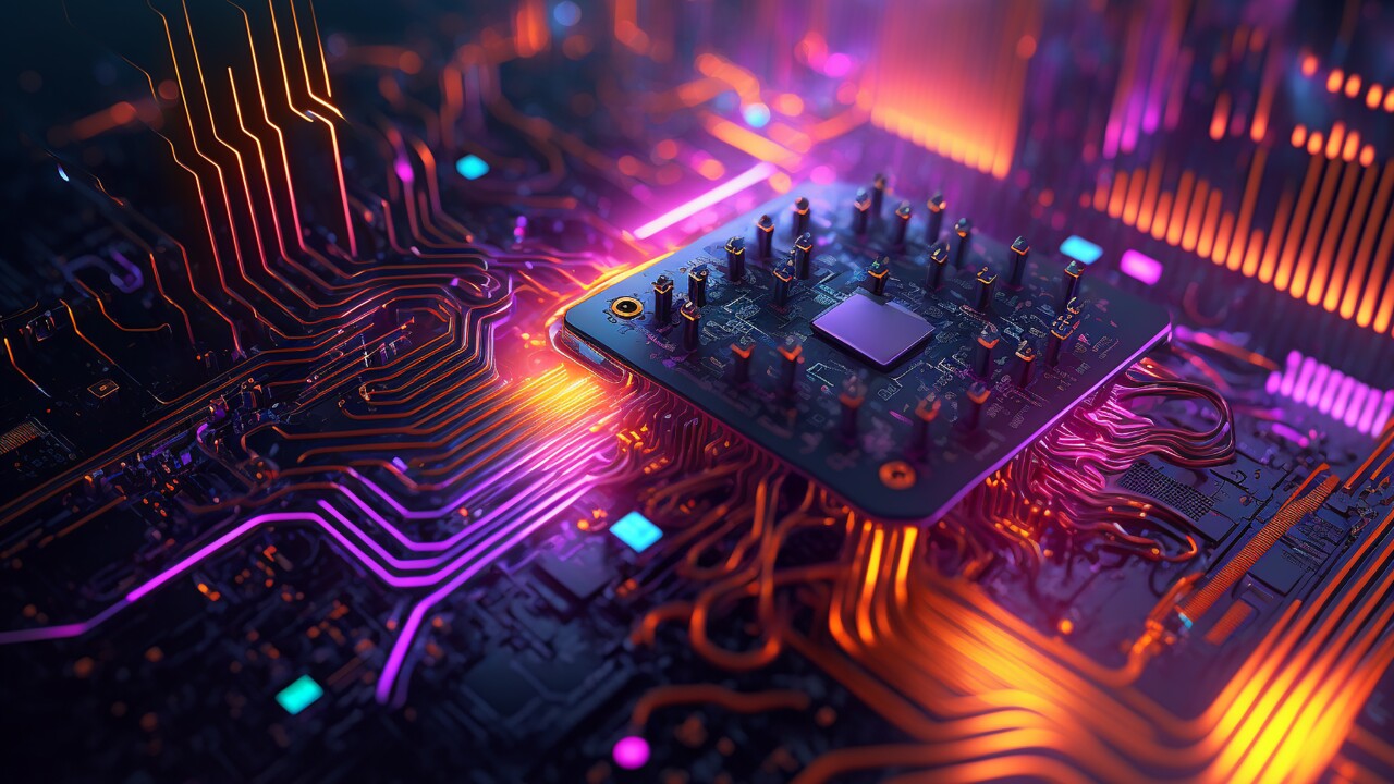 Close up of a computer motherboard with holographics