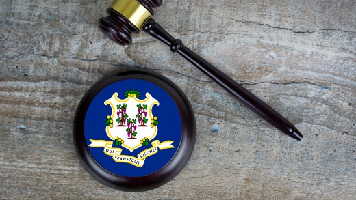 Wooden judgement or auction mallet with of Connecticut flag. Con