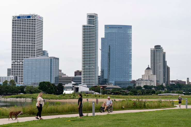 Downtown Milwaukee skyline with park in foreground