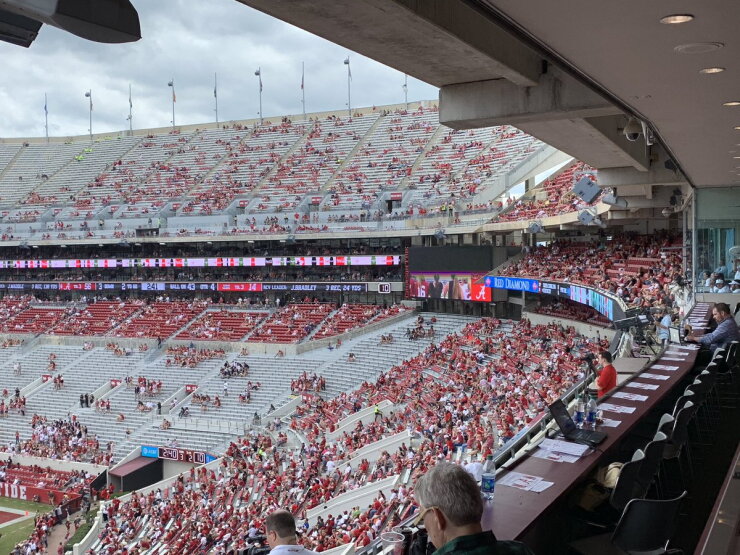 The student section at the University of Alabama stadium was mostly empty for a 2018 football game against the University of Louisiana Lafayette.