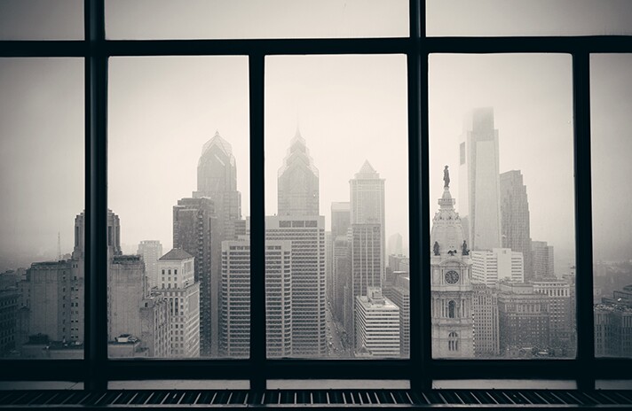 Philadelphia skyline, seen through a window.