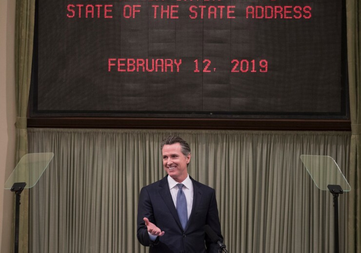 California Gov. Gavin Newsom giving his State of the State address in Sacramento on Jan. 12, 2019.