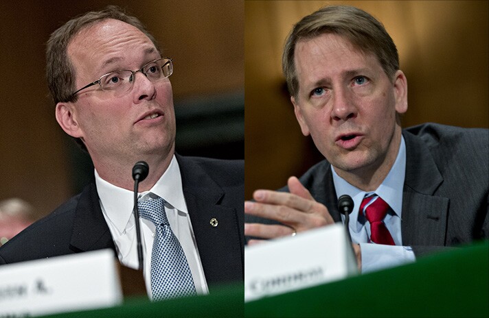 Keith Noreika, acting Comptroller of the Currency (left), and Richard Cordray, director of the Consumer Financial Protection Bureau.