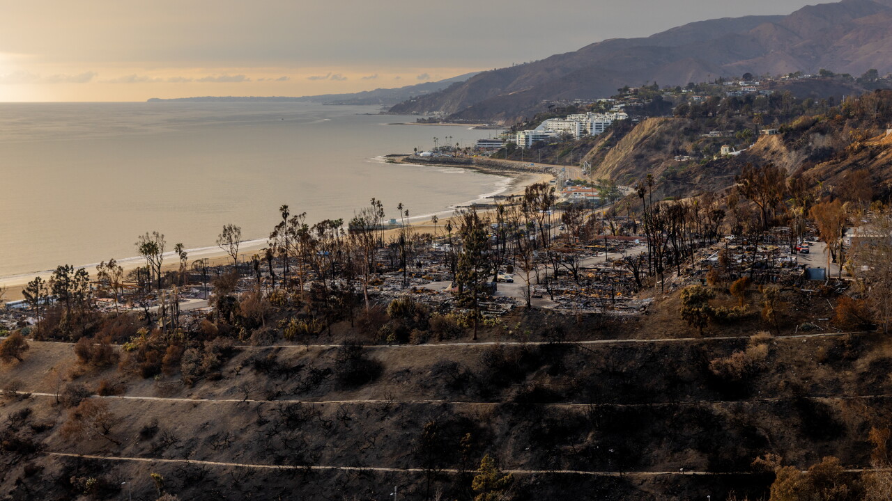 Ravaged homes by the Palisades Fire in the Pacific Palisades area of Los Angeles.