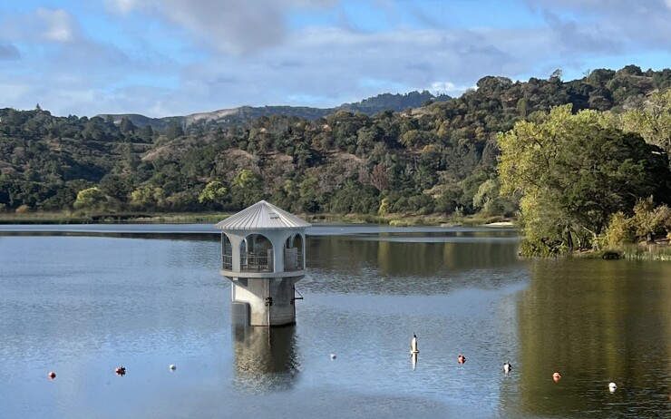 Tower sticking out of water in a reservoir.