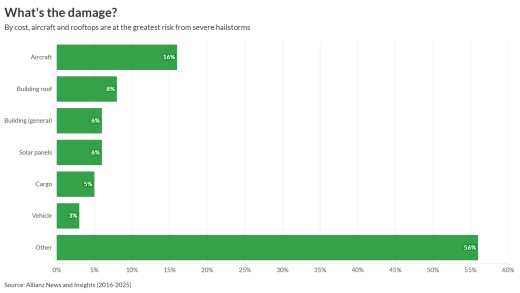 Bar chart from Allianz reveals severe storm effects such as hail, tornadoes and wind have reached $208 billion in global insured losses between 2023 and 2025.