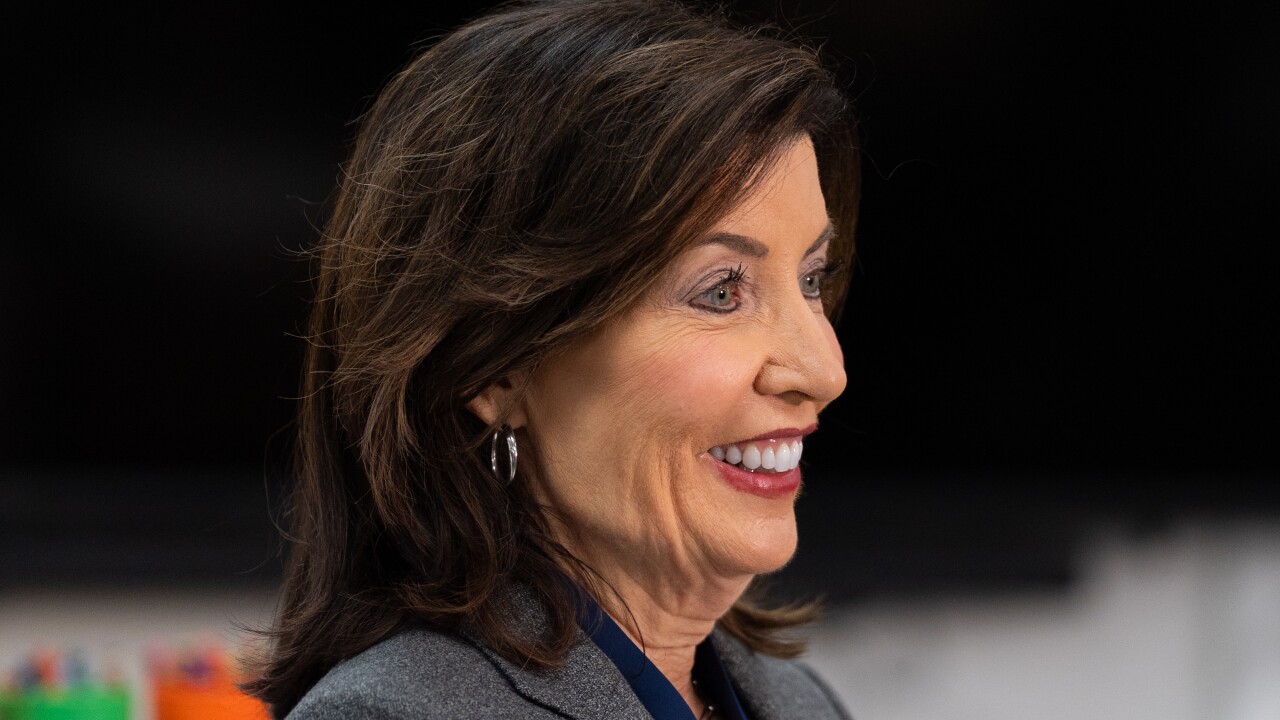 Kathy Hochul, governor of New York, during a news conference at the WIN NYC family shelter in New York