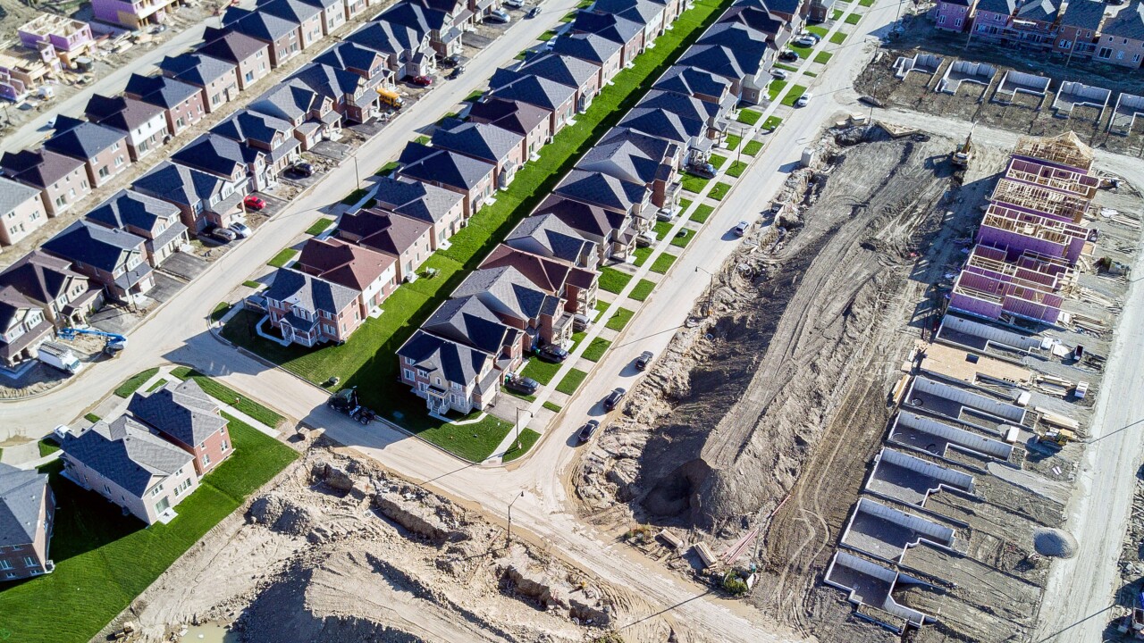 Homes under construction are seen in this aerial photograph taken above Brampton, Ontario, Canada.