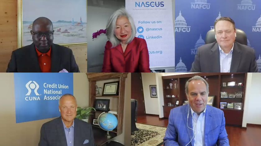 Clockwise from top left: NCUA Chairman Rodney Hood, NASCUS CEO Lucy Ito, NAFCU CEO Dan Berger, CUNA Mutual Group CEO Robert Trunzo and CUNA CEO Jim Nussle. The five spoke during a panel of credit union leaders held as part of CUNA Mutual's Discovery conference.