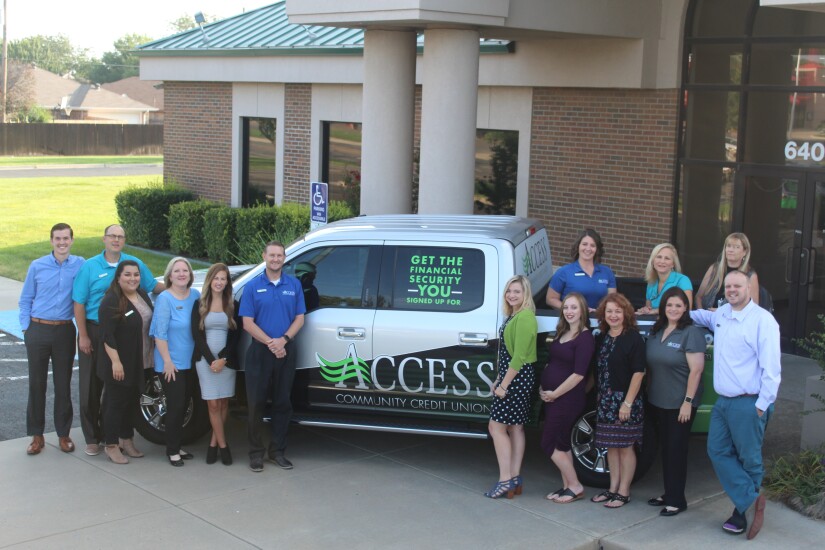 Some of the staff at Access Community Credit Union. Pictured left to right: Vaden Carthel (business development/marketing officer, John Hays (president and CEO), Briana Dominguez (service center lead), Christina Browder (cash department supervisor), Lindsay Edwards (VP of lending), Brad Dewey (EVP/CFO), Breanna Long (Tascosa branch manager), Krista Hays (Paramount branch manager), Deanna Holcomb (senior mortgage officer), Terri Van Doran (manager of systems operations), Mary Forslund (AVP of HR), Vanessa Rodriquez (manager of member service), Sherri Alexander (manager of asset protection) and Keith Hubbard (AVP of service and sales).
