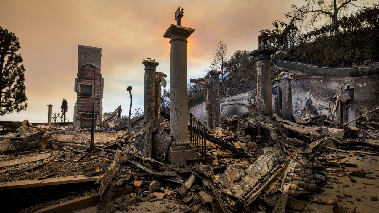 Columns amongst the ruins of a home following the Palisades Fire in the Pacific Palisades neighborhood of Los Angeles in January 2025.