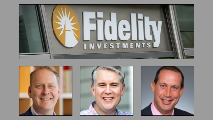 Below the image of a Washington, D.C., branch office of Fidelity Investments are portraits of three executives from Fidelity Institutional Wealth Management Services, the company's clearing and custody division. From left to right, Steve Richard is the head of Fidelity Institutional Wealth Management Services, Marc Squires is the head of clearing and Trevor Norton is the head of custody.