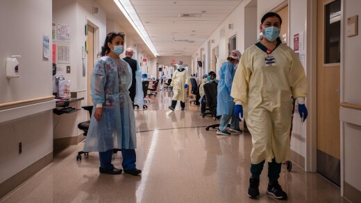 Masked healthcare workers in a Mission Hills, California, hospital during the COVID-19 pandemic in February 2021.