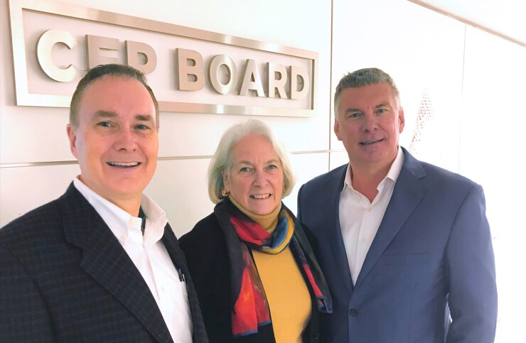 Richard Salmen, 2018 chairman of the CFP Board; Susan John, 2019 chairwoman of the board; and board CEO Kevin Keller at the board’s headquarters in Washington