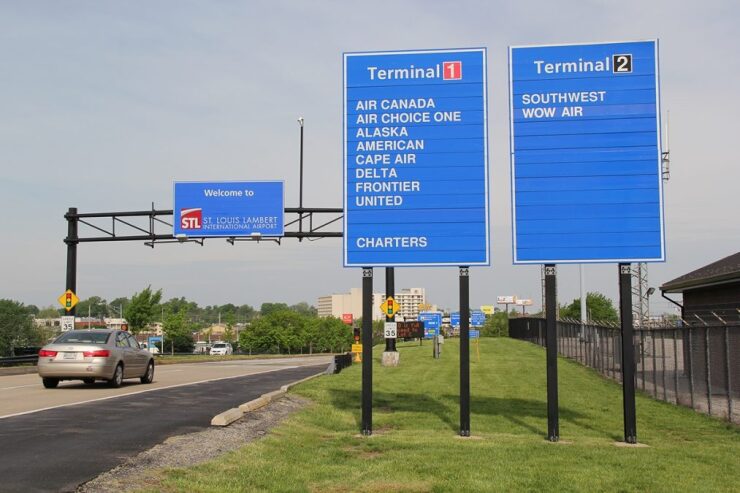 Signs direct drivers to airlines at St. Louis Lambert International Airport in May 2018.