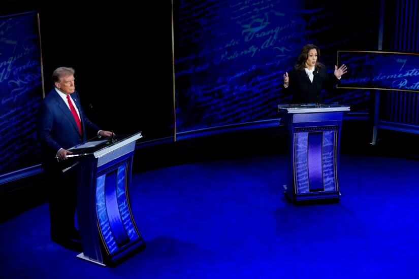 Donald Trump and Kamala Harris at the second presidential debate in Philadelphia.