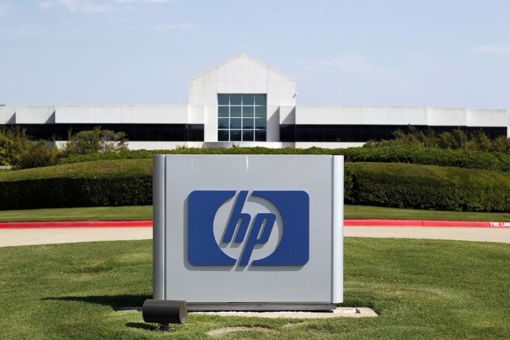 The Hewlett-Packard Co. logo outside the company's HP Enterprise Services unit in Plano, Texas