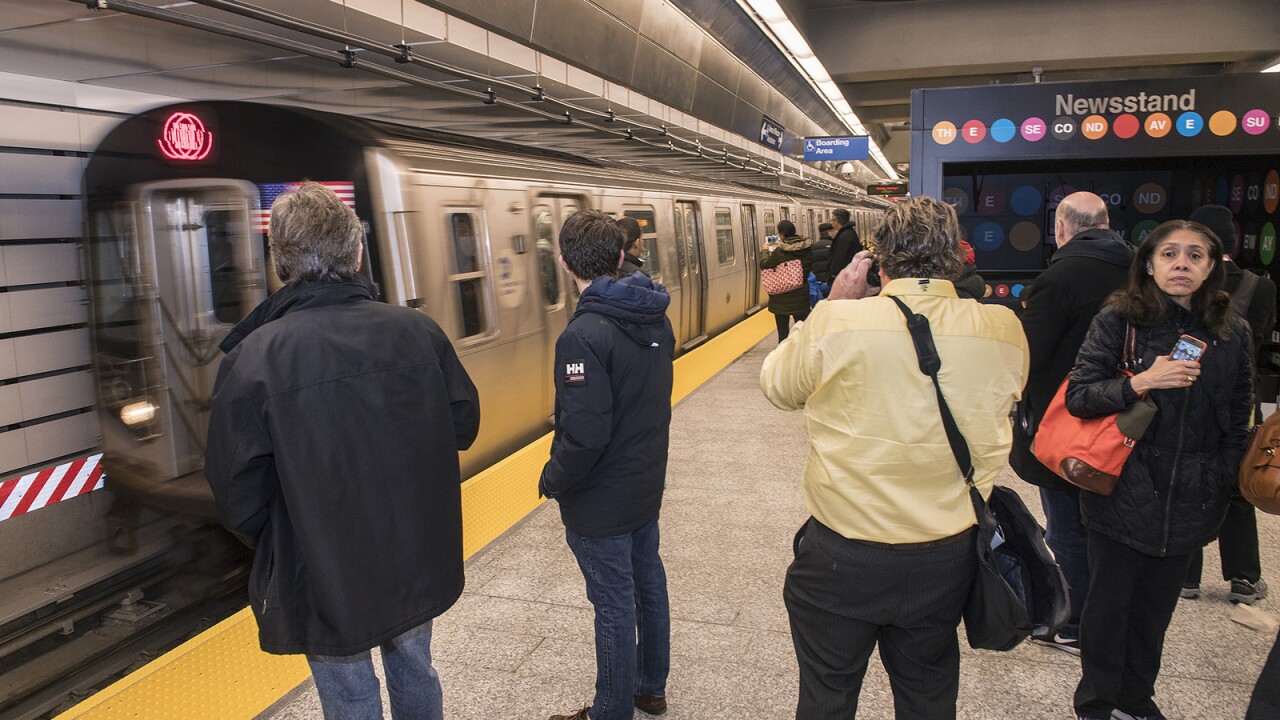 A New York Subway train in a station