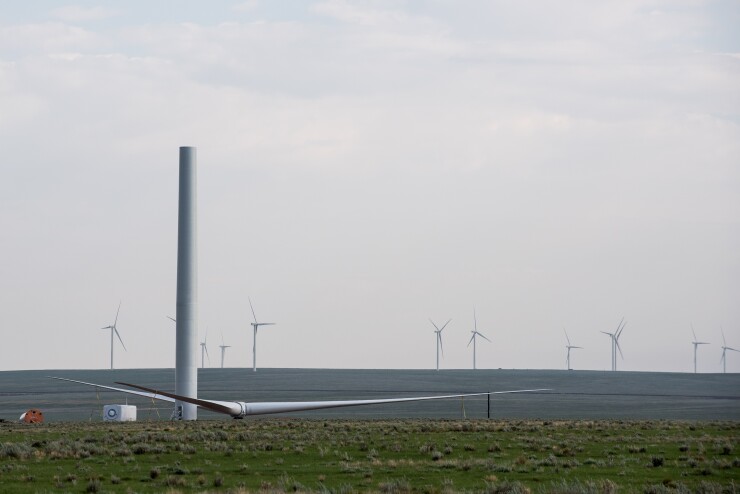 A wind turbine under construction at a wind farm in Encino, New Mexico
