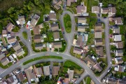 Top down aerial view of urban houses and streets in a residential area of a Welsh town