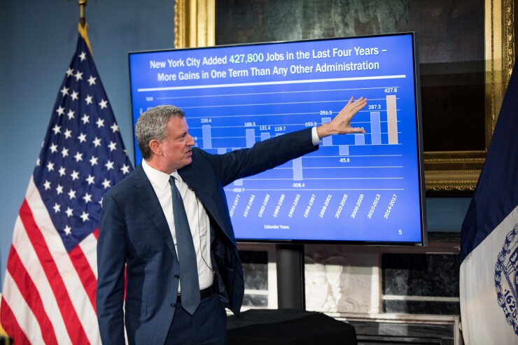 New York City Mayor Bill de Blasio announces his Fiscal Year 2019 Executive Budget in the Blue Room at City Hall on Thursday, April 26, 2018.