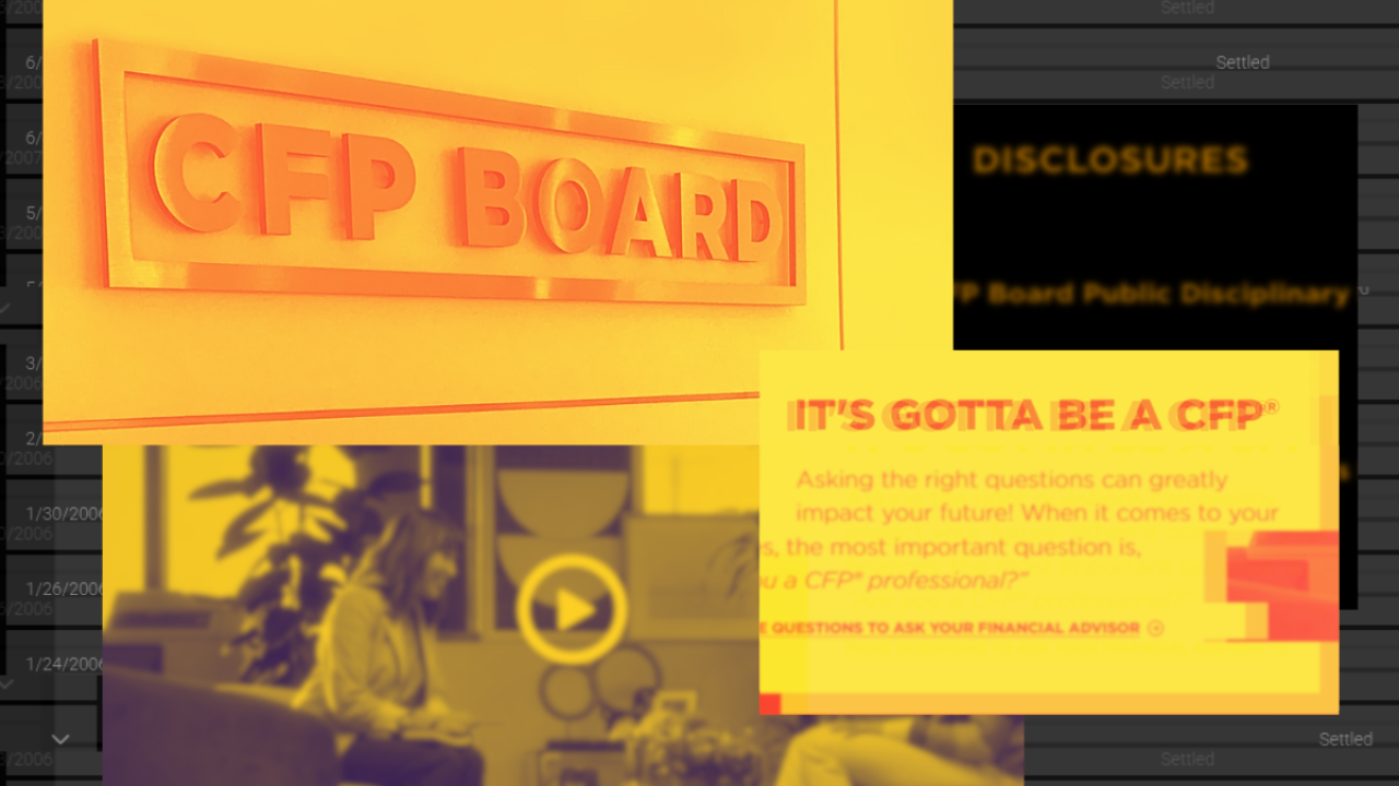 A collage of CFP Board material laid over a photo of BrokerCheck disclosures