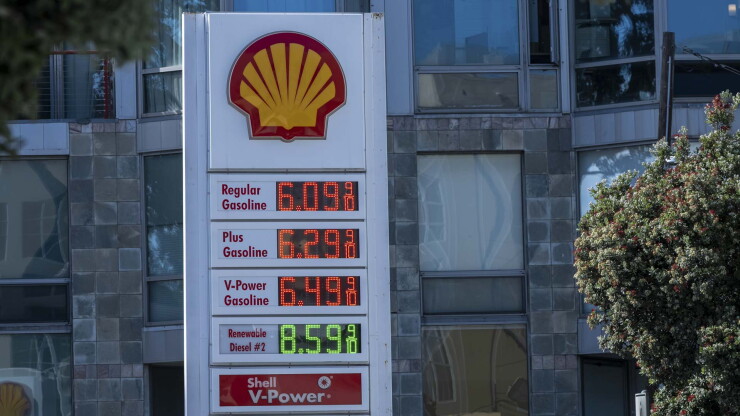 Shell station display of fuel prices, from $6.09 per gallon for regular to $8.59 for diesel