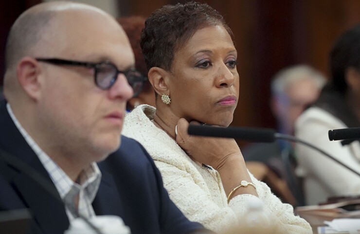 NYC Council Finance Chair Justin Brannan sits with Speaker Adrienne Adams at the oversight hearing on the mayor’s November Financial Plan.