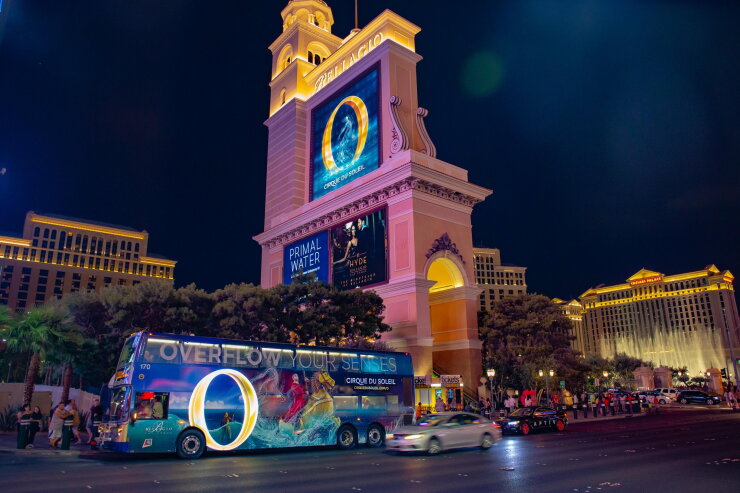 A Regional Transportation Commission of Southern Nevada bus in front of the Bellagio in Las Vegas.