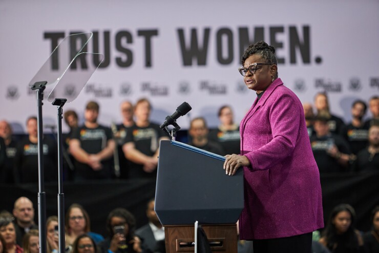 Representative Gwen Moore, a Democrat from Wisconsin, speaks during a nationwide "Fight for Reproductive Freedoms" tour.