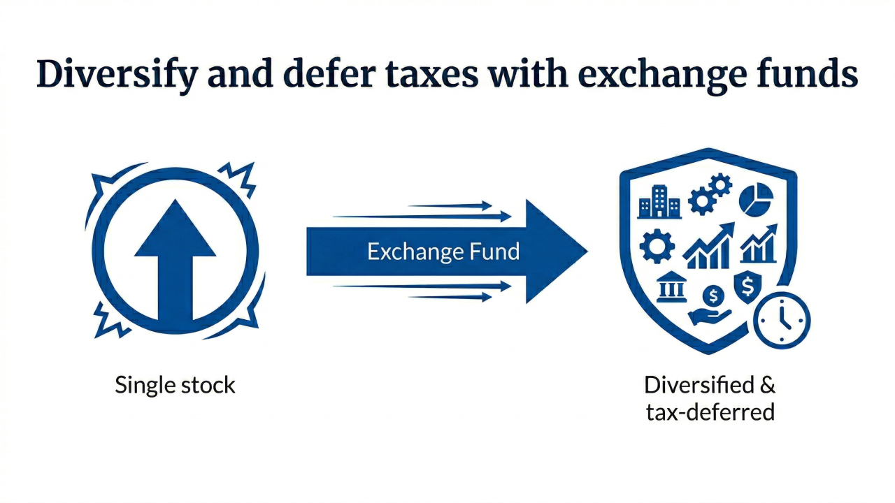 An illustration with the headline 'Diversify and defer taxes with exchanges funds' explains how the investments work