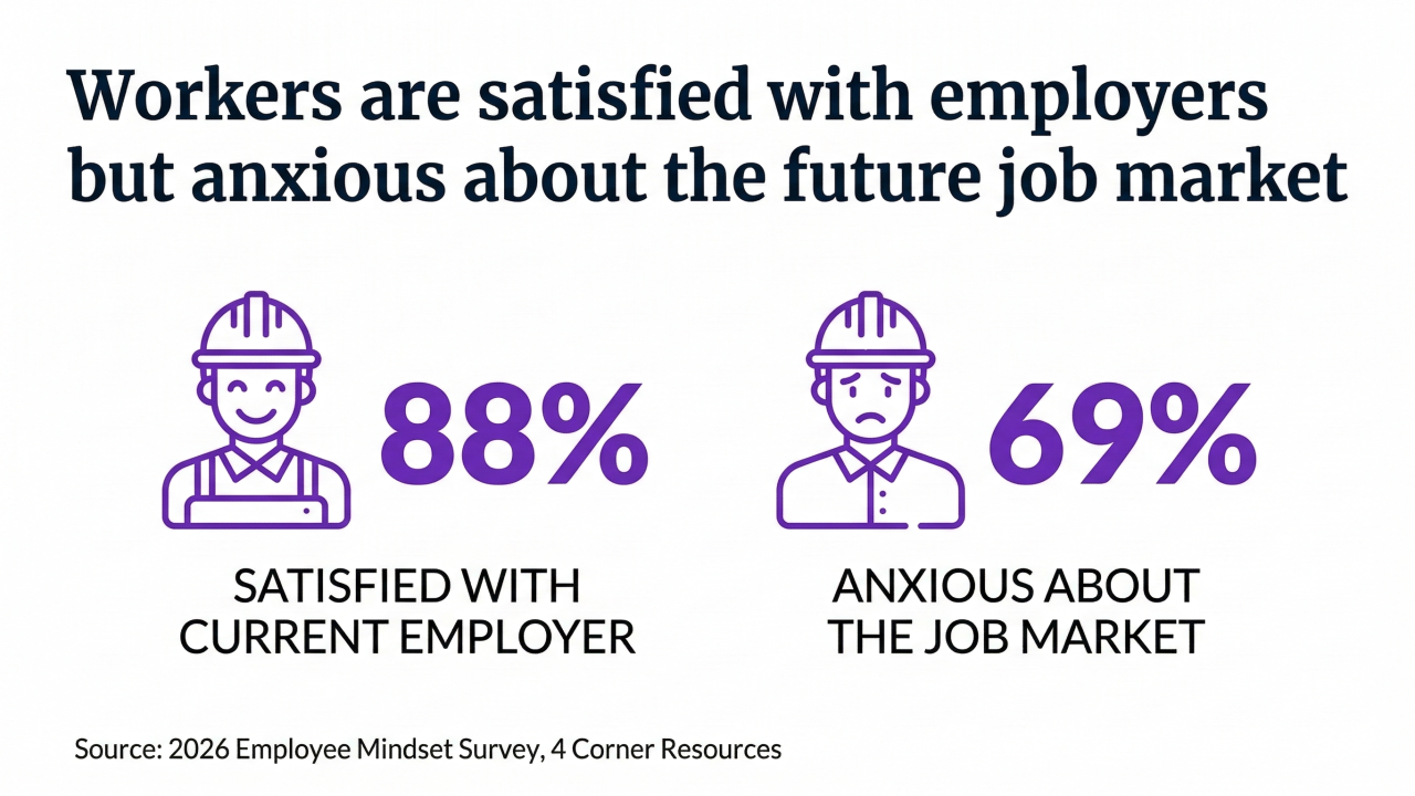 Comparison of worker views: 88% satisfied with employer (smiling icon), 69% anxious about job market (frowning icon).