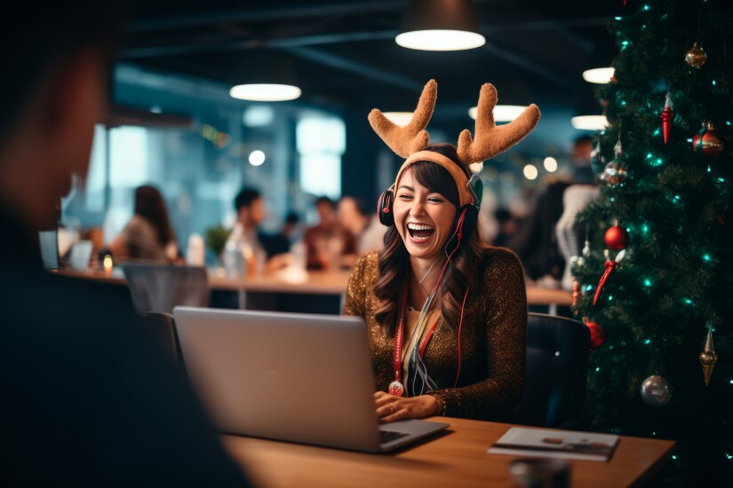 Happy woman wearing a holiday headband and listening to music