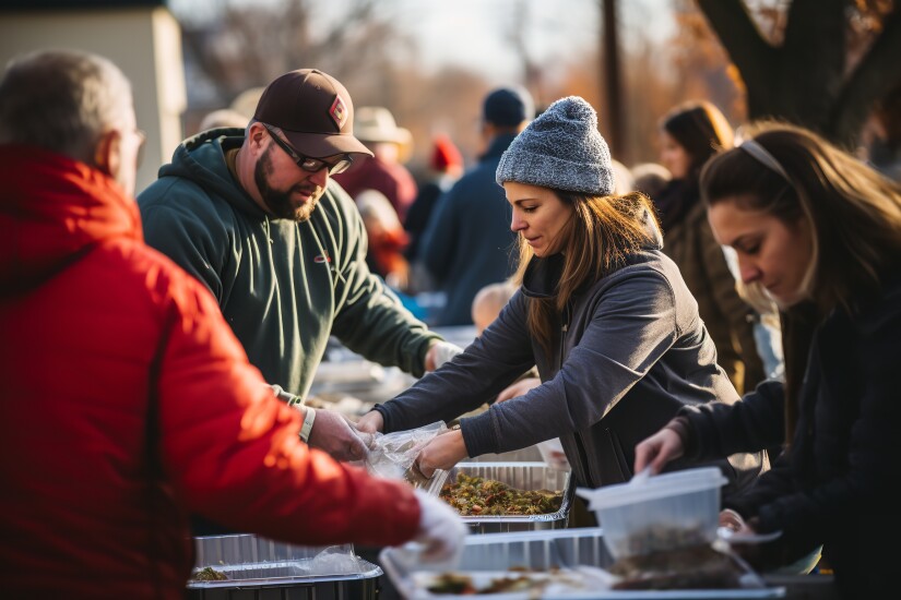 Volunteers sorting canned goods for a Thanksgiving charity food drive - AI generated