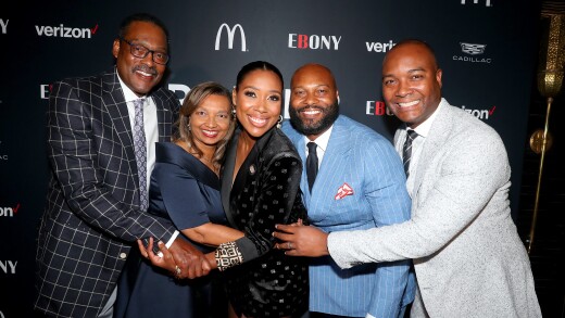 Junior Bridgeman, his wife Doris, his daughter Eden Bridgeman Sklenar and his sons Justin and Ryan posed together at the EBONY Power 100 Kickoff in October 2021.