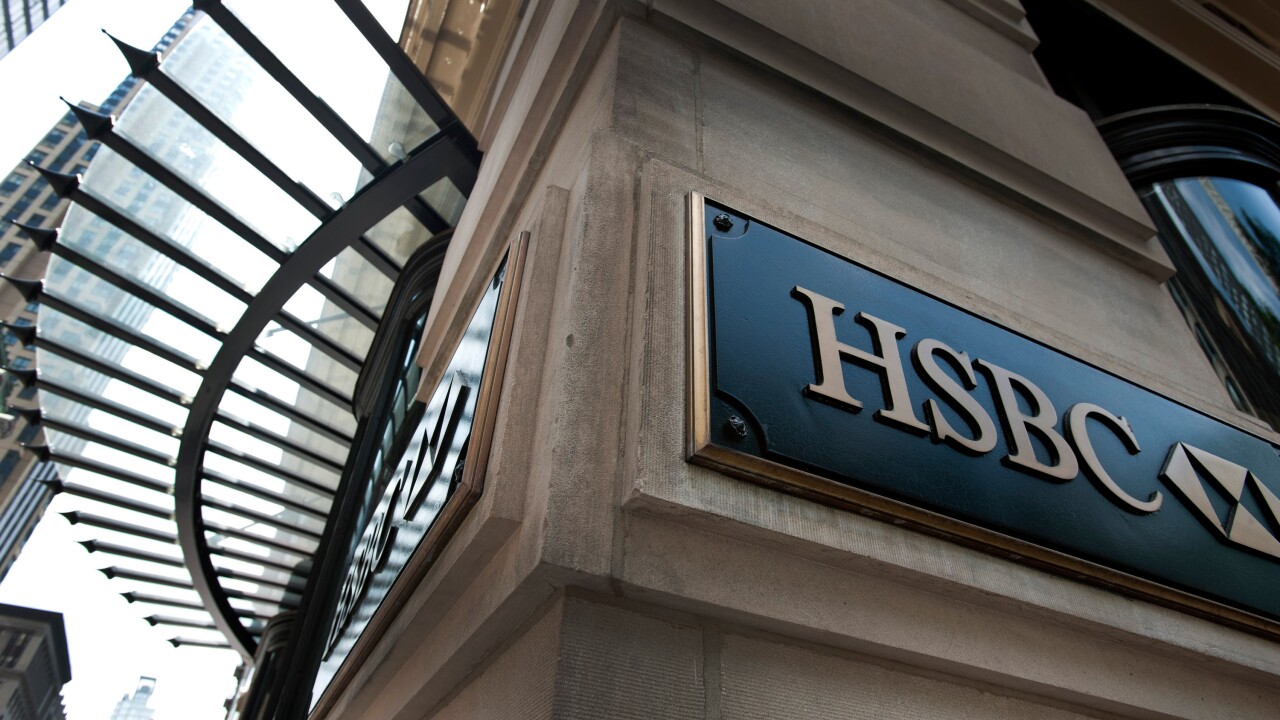 HSBC signage is displayed outside of a branch in New York.