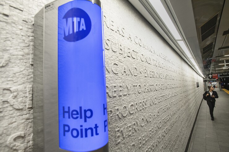 An MTA Help Point sign in the New York Subway's WTC Cortlandt station, which reopened in 2018, 17 years after the Sept. 11 terrorist attacks.