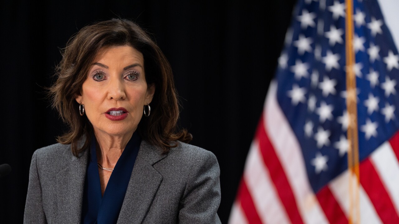 Kathy Hochul, governor of New York, speaks during a news conference at the WIN NYC family shelter in New York